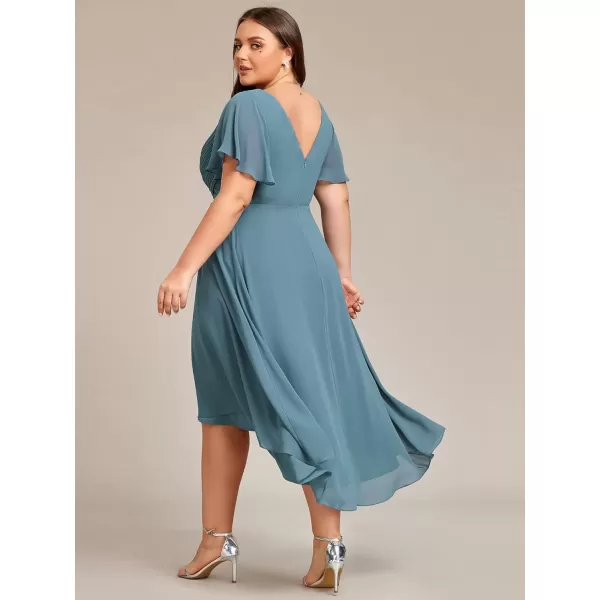 imageEverPretty A Line V Neck Chiffon Short Sleeves Knee Length Plus Size Wedding Guest Dresses for Curvy Women 01923DADusty Blue