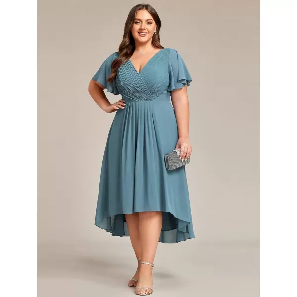 imageEverPretty A Line V Neck Chiffon Short Sleeves Knee Length Plus Size Wedding Guest Dresses for Curvy Women 01923DADusty Blue