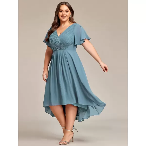 imageEverPretty A Line V Neck Chiffon Short Sleeves Knee Length Plus Size Wedding Guest Dresses for Curvy Women 01923DADusty Blue