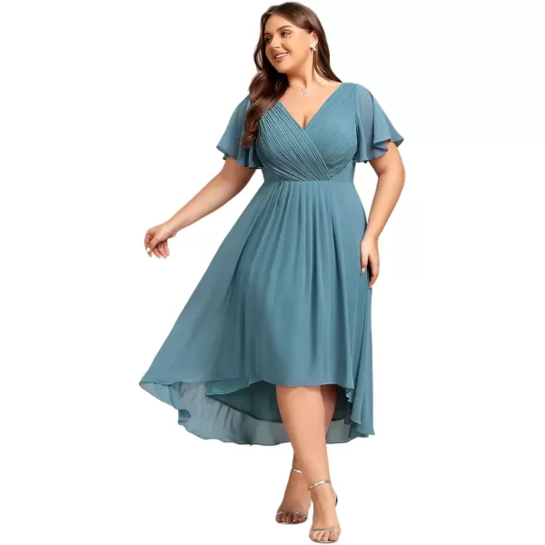 imageEverPretty A Line V Neck Chiffon Short Sleeves Knee Length Plus Size Wedding Guest Dresses for Curvy Women 01923DADusty Blue