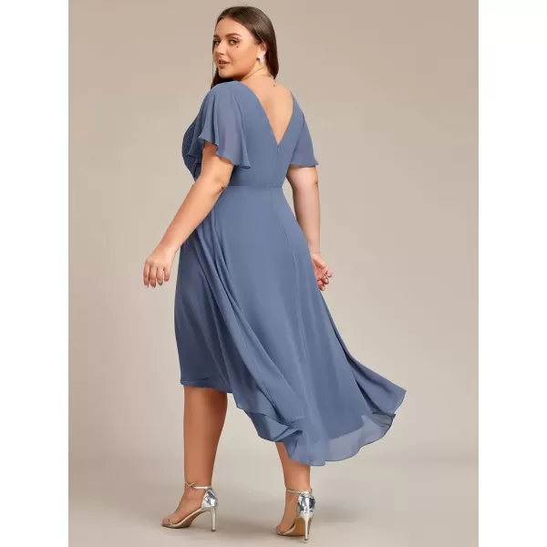 imageEverPretty A Line V Neck Chiffon Short Sleeves Knee Length Plus Size Wedding Guest Dresses for Curvy Women 01923DADusty Navy