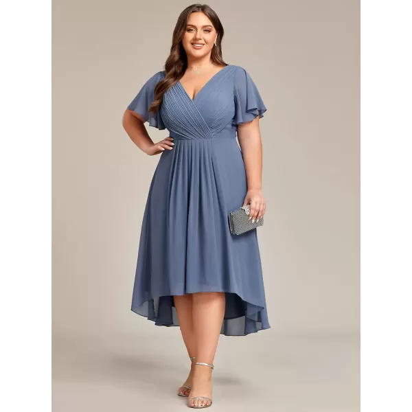 imageEverPretty A Line V Neck Chiffon Short Sleeves Knee Length Plus Size Wedding Guest Dresses for Curvy Women 01923DADusty Navy