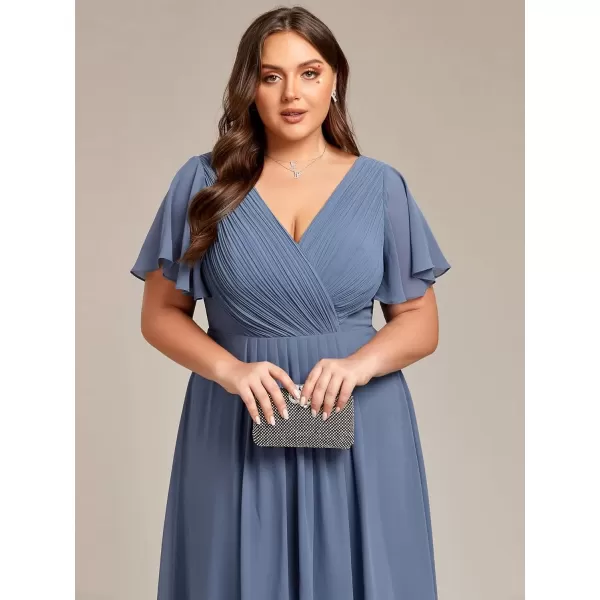 imageEverPretty A Line V Neck Chiffon Short Sleeves Knee Length Plus Size Wedding Guest Dresses for Curvy Women 01923DADusty Navy