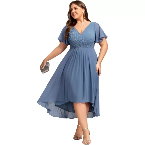 imageEverPretty A Line V Neck Chiffon Short Sleeves Knee Length Plus Size Wedding Guest Dresses for Curvy Women 01923DADusty Navy