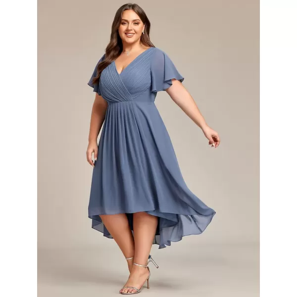 imageEverPretty A Line V Neck Chiffon Short Sleeves Knee Length Plus Size Wedding Guest Dresses for Curvy Women 01923DADusty Navy