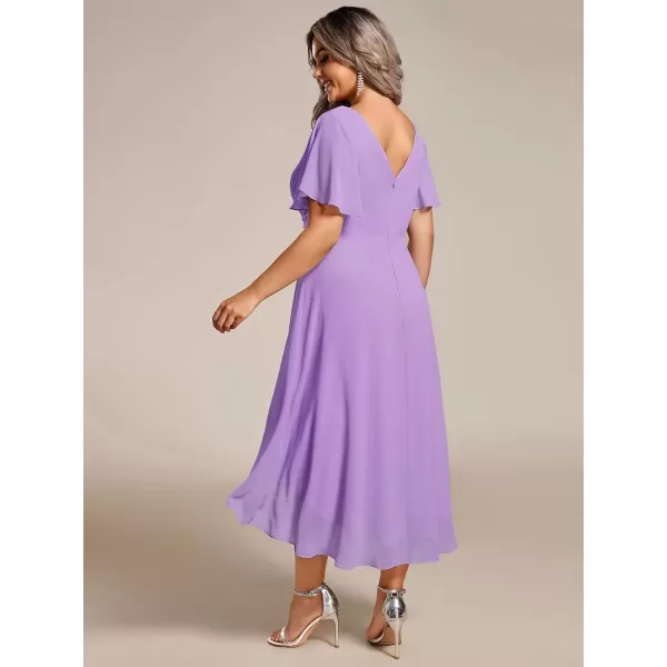 imageEverPretty A Line V Neck Chiffon Short Sleeves Knee Length Plus Size Wedding Guest Dresses for Curvy Women 01923DALavender