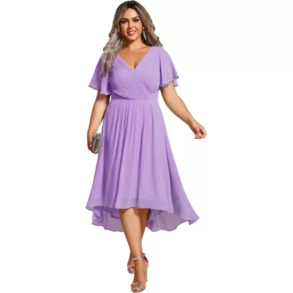 imageEverPretty A Line V Neck Chiffon Short Sleeves Knee Length Plus Size Wedding Guest Dresses for Curvy Women 01923DALavender