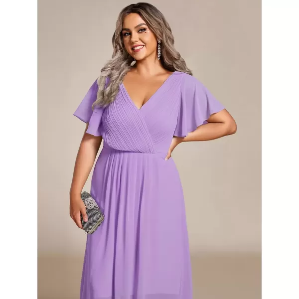 imageEverPretty A Line V Neck Chiffon Short Sleeves Knee Length Plus Size Wedding Guest Dresses for Curvy Women 01923DALavender