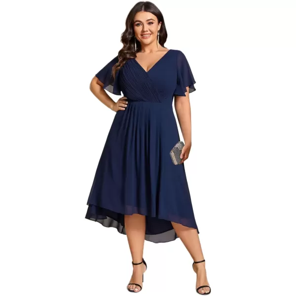 imageEverPretty A Line V Neck Chiffon Short Sleeves Knee Length Plus Size Wedding Guest Dresses for Curvy Women 01923DANavy Blue