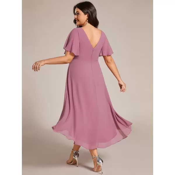 imageEverPretty A Line V Neck Chiffon Short Sleeves Knee Length Plus Size Wedding Guest Dresses for Curvy Women 01923DAOrchid