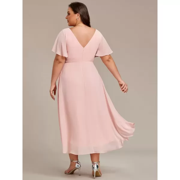 imageEverPretty A Line V Neck Chiffon Short Sleeves Knee Length Plus Size Wedding Guest Dresses for Curvy Women 01923DAPink