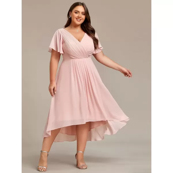 imageEverPretty A Line V Neck Chiffon Short Sleeves Knee Length Plus Size Wedding Guest Dresses for Curvy Women 01923DAPink