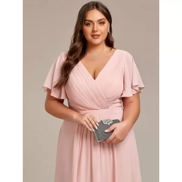 imageEverPretty A Line V Neck Chiffon Short Sleeves Knee Length Plus Size Wedding Guest Dresses for Curvy Women 01923DAPink