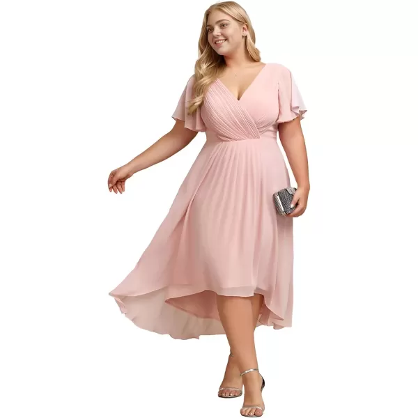 imageEverPretty A Line V Neck Chiffon Short Sleeves Knee Length Plus Size Wedding Guest Dresses for Curvy Women 01923DAPink