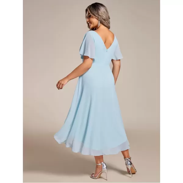 imageEverPretty A Line V Neck Chiffon Short Sleeves Knee Length Plus Size Wedding Guest Dresses for Curvy Women 01923DASky Blue