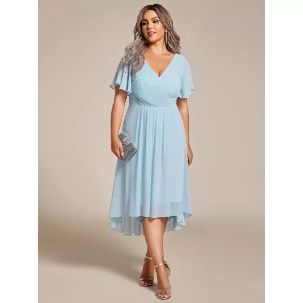 imageEverPretty A Line V Neck Chiffon Short Sleeves Knee Length Plus Size Wedding Guest Dresses for Curvy Women 01923DASky Blue