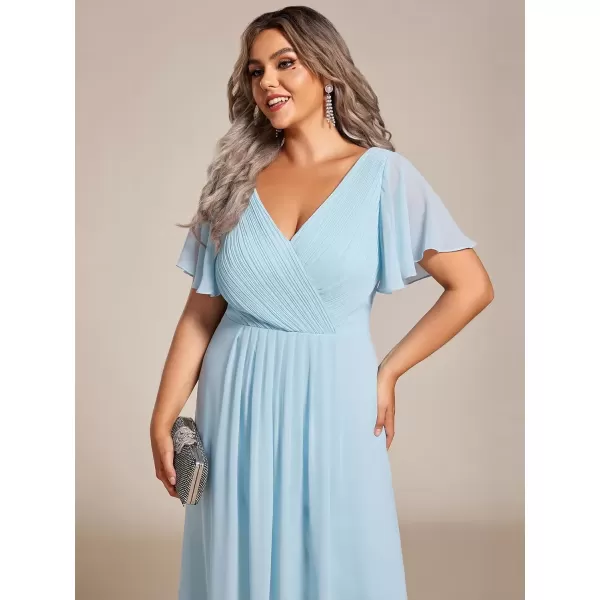 imageEverPretty A Line V Neck Chiffon Short Sleeves Knee Length Plus Size Wedding Guest Dresses for Curvy Women 01923DASky Blue