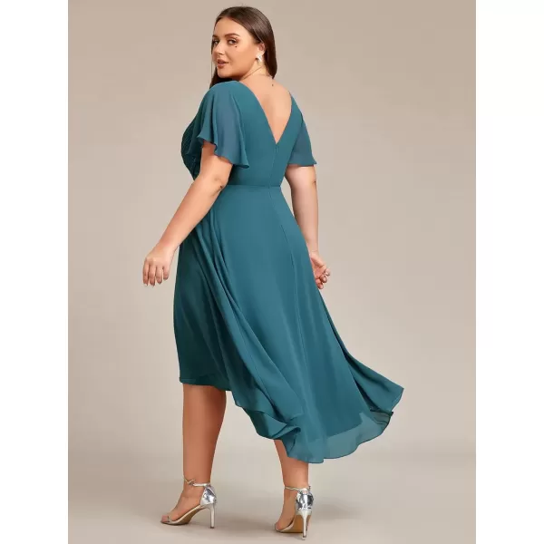 imageEverPretty A Line V Neck Chiffon Short Sleeves Knee Length Plus Size Wedding Guest Dresses for Curvy Women 01923DATeal