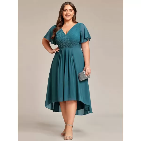 imageEverPretty A Line V Neck Chiffon Short Sleeves Knee Length Plus Size Wedding Guest Dresses for Curvy Women 01923DATeal