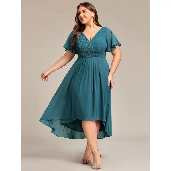 imageEverPretty A Line V Neck Chiffon Short Sleeves Knee Length Plus Size Wedding Guest Dresses for Curvy Women 01923DATeal