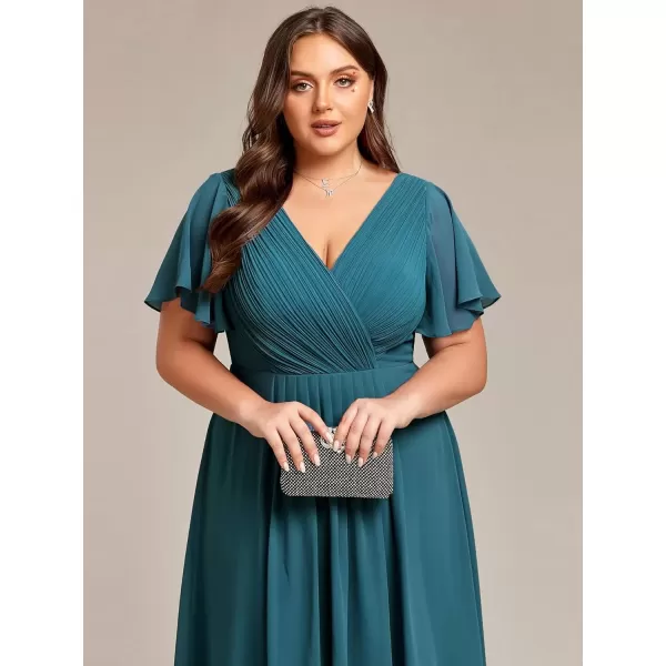 imageEverPretty A Line V Neck Chiffon Short Sleeves Knee Length Plus Size Wedding Guest Dresses for Curvy Women 01923DATeal