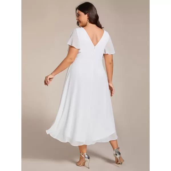 imageEverPretty A Line V Neck Chiffon Short Sleeves Knee Length Plus Size Wedding Guest Dresses for Curvy Women 01923DAWhite