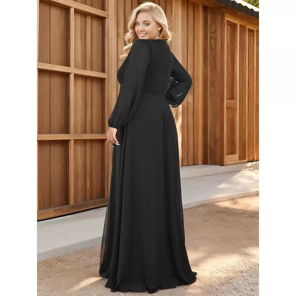 imageEverPretty A Line V Neck Long Sleeves Applique Ruched Chiffon Plus Size Maxi Formal Evening Dresses for Curvy Women 00461DABlack