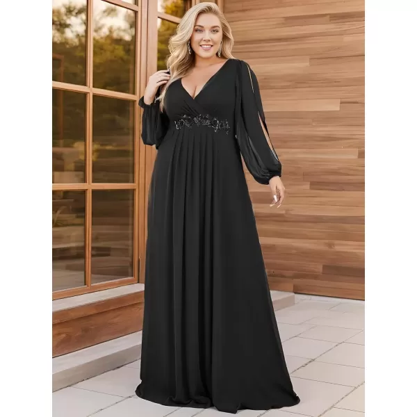 imageEverPretty A Line V Neck Long Sleeves Applique Ruched Chiffon Plus Size Maxi Formal Evening Dresses for Curvy Women 00461DABlack