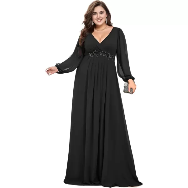 imageEverPretty A Line V Neck Long Sleeves Applique Ruched Chiffon Plus Size Maxi Formal Evening Dresses for Curvy Women 00461DABlack