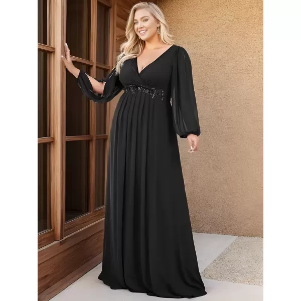 imageEverPretty A Line V Neck Long Sleeves Applique Ruched Chiffon Plus Size Maxi Formal Evening Dresses for Curvy Women 00461DABlack