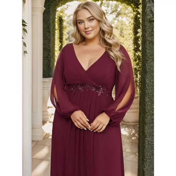 imageEverPretty A Line V Neck Long Sleeves Applique Ruched Chiffon Plus Size Maxi Formal Evening Dresses for Curvy Women 00461DABurgundy