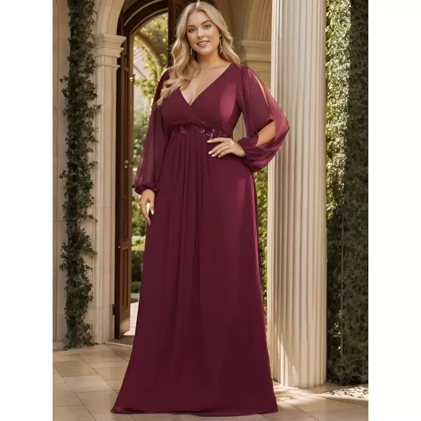 imageEverPretty A Line V Neck Long Sleeves Applique Ruched Chiffon Plus Size Maxi Formal Evening Dresses for Curvy Women 00461DABurgundy