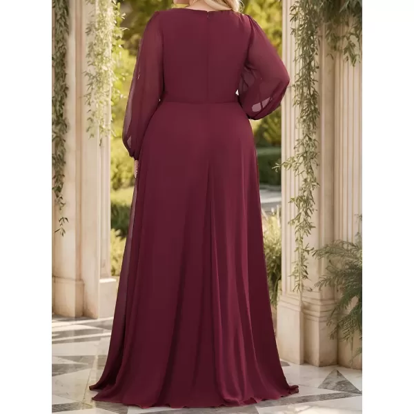 imageEverPretty A Line V Neck Long Sleeves Applique Ruched Chiffon Plus Size Maxi Formal Evening Dresses for Curvy Women 00461DABurgundy