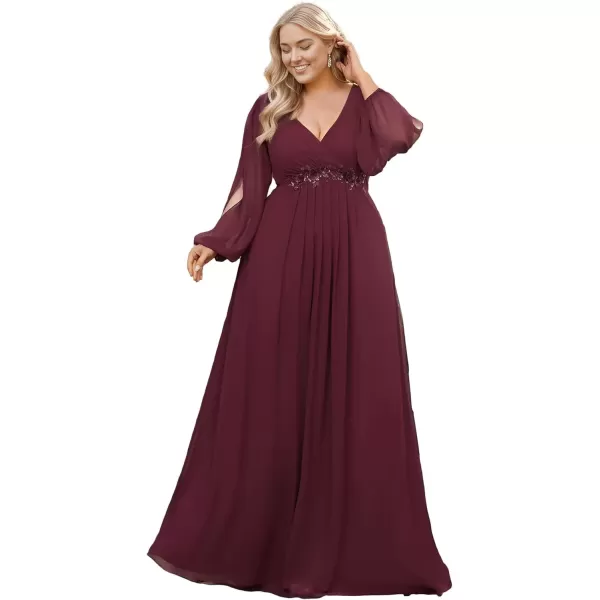 imageEverPretty A Line V Neck Long Sleeves Applique Ruched Chiffon Plus Size Maxi Formal Evening Dresses for Curvy Women 00461DABurgundy