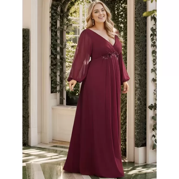 imageEverPretty A Line V Neck Long Sleeves Applique Ruched Chiffon Plus Size Maxi Formal Evening Dresses for Curvy Women 00461DABurgundy