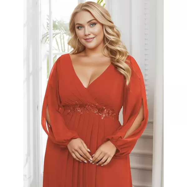 imageEverPretty A Line V Neck Long Sleeves Applique Ruched Chiffon Plus Size Maxi Formal Evening Dresses for Curvy Women 00461DABurnt Orange