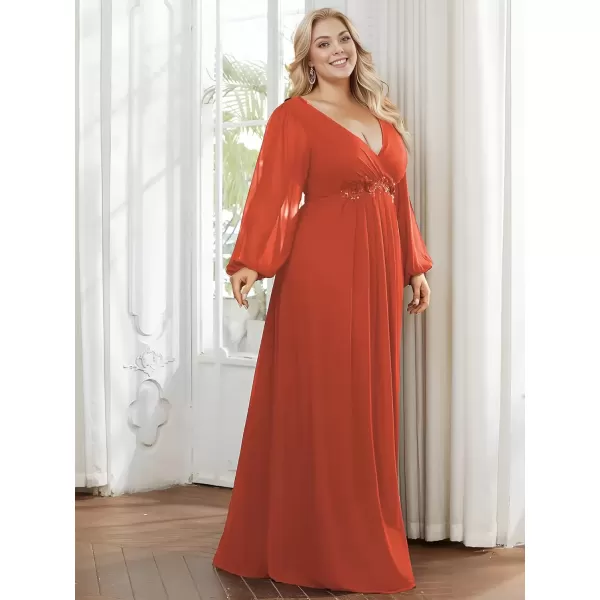 imageEverPretty A Line V Neck Long Sleeves Applique Ruched Chiffon Plus Size Maxi Formal Evening Dresses for Curvy Women 00461DABurnt Orange