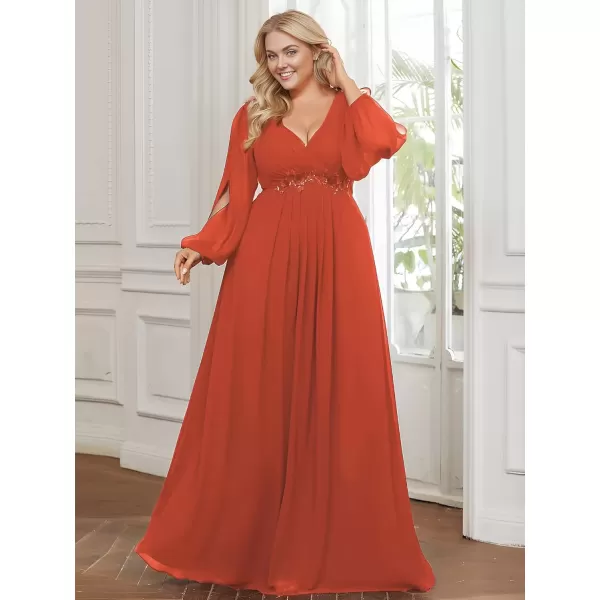 imageEverPretty A Line V Neck Long Sleeves Applique Ruched Chiffon Plus Size Maxi Formal Evening Dresses for Curvy Women 00461DABurnt Orange