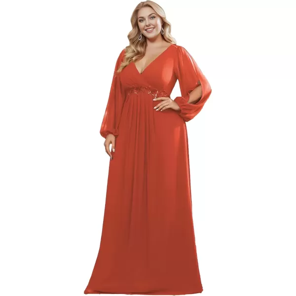 imageEverPretty A Line V Neck Long Sleeves Applique Ruched Chiffon Plus Size Maxi Formal Evening Dresses for Curvy Women 00461DABurnt Orange