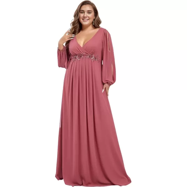 imageEverPretty A Line V Neck Long Sleeves Applique Ruched Chiffon Plus Size Maxi Formal Evening Dresses for Curvy Women 00461DACameo Brown