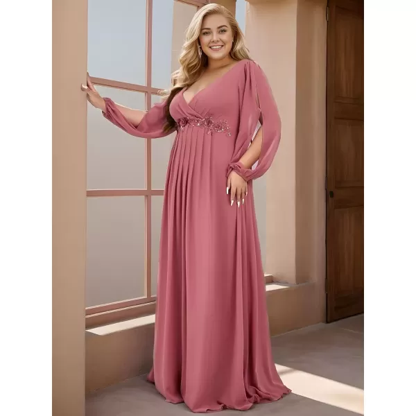 imageEverPretty A Line V Neck Long Sleeves Applique Ruched Chiffon Plus Size Maxi Formal Evening Dresses for Curvy Women 00461DACameo Brown