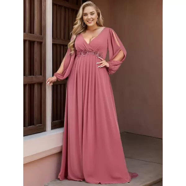 imageEverPretty A Line V Neck Long Sleeves Applique Ruched Chiffon Plus Size Maxi Formal Evening Dresses for Curvy Women 00461DACameo Brown