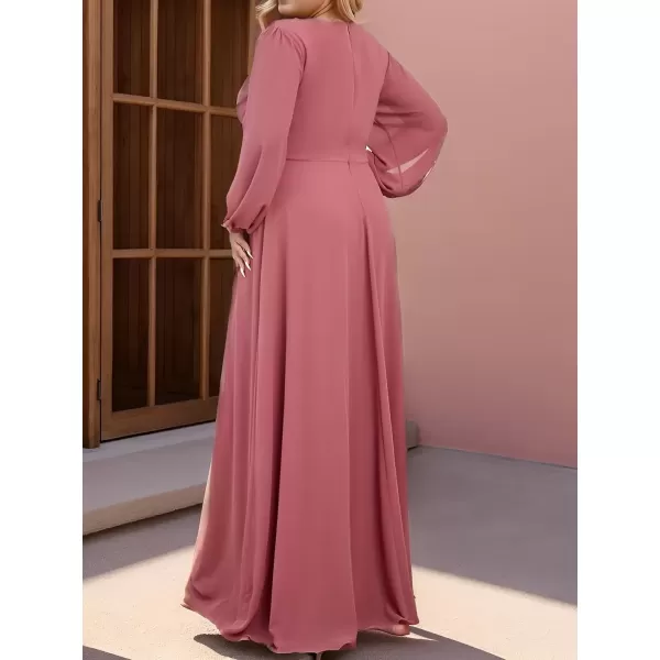 imageEverPretty A Line V Neck Long Sleeves Applique Ruched Chiffon Plus Size Maxi Formal Evening Dresses for Curvy Women 00461DACameo Brown