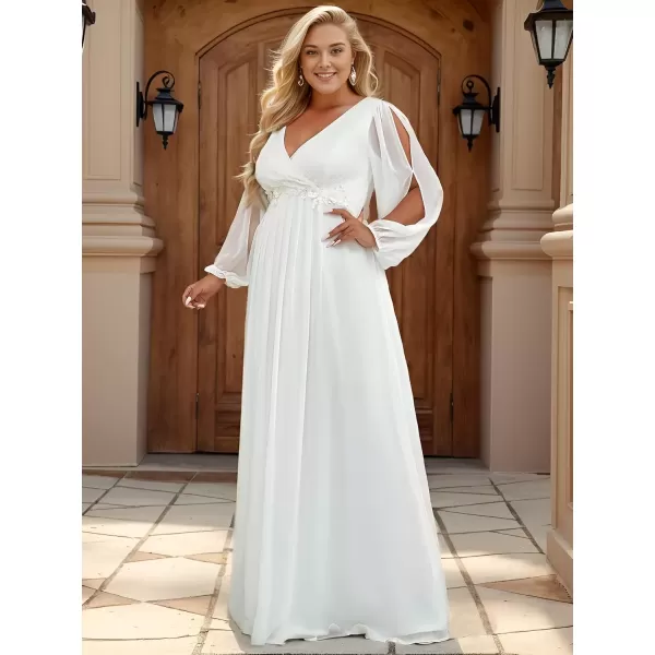 imageEverPretty A Line V Neck Long Sleeves Applique Ruched Chiffon Plus Size Maxi Formal Evening Dresses for Curvy Women 00461DACream