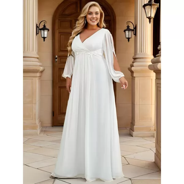 imageEverPretty A Line V Neck Long Sleeves Applique Ruched Chiffon Plus Size Maxi Formal Evening Dresses for Curvy Women 00461DACream