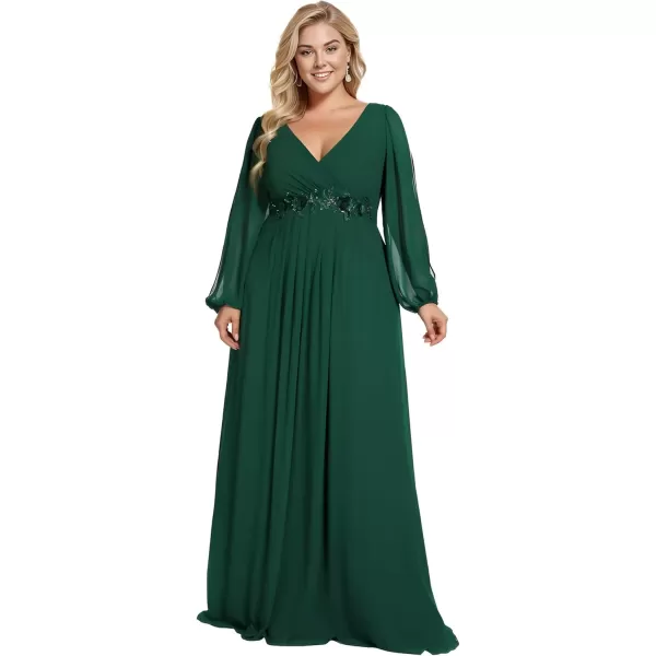 imageEverPretty A Line V Neck Long Sleeves Applique Ruched Chiffon Plus Size Maxi Formal Evening Dresses for Curvy Women 00461DADark Green