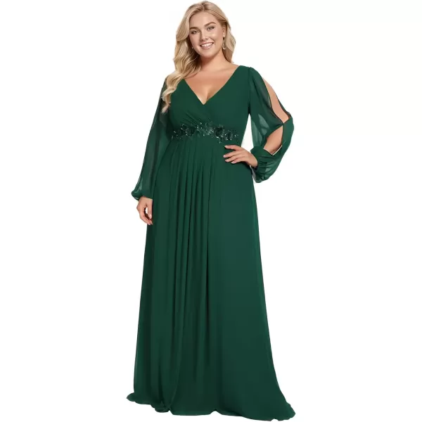 imageEverPretty A Line V Neck Long Sleeves Applique Ruched Chiffon Plus Size Maxi Formal Evening Dresses for Curvy Women 00461DADark Green