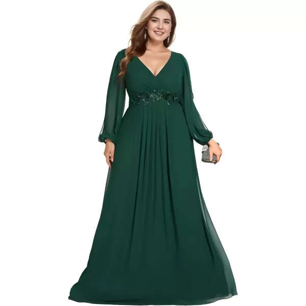 imageEverPretty A Line V Neck Long Sleeves Applique Ruched Chiffon Plus Size Maxi Formal Evening Dresses for Curvy Women 00461DADark Green