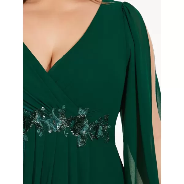 imageEverPretty A Line V Neck Long Sleeves Applique Ruched Chiffon Plus Size Maxi Formal Evening Dresses for Curvy Women 00461DADark Green