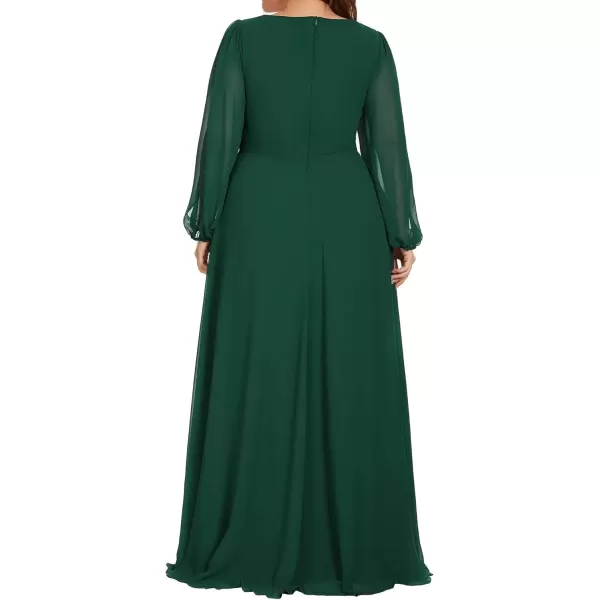 imageEverPretty A Line V Neck Long Sleeves Applique Ruched Chiffon Plus Size Maxi Formal Evening Dresses for Curvy Women 00461DADark Green